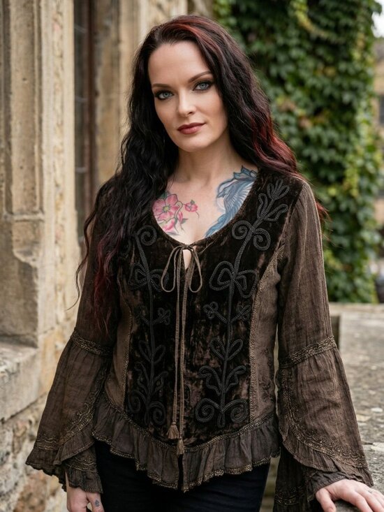All that Jazz Tops - All That Jazz ✦ Velvet Embroidered Brown Boho Blouse ✦ Bell Sleeve Ruffle Hem M